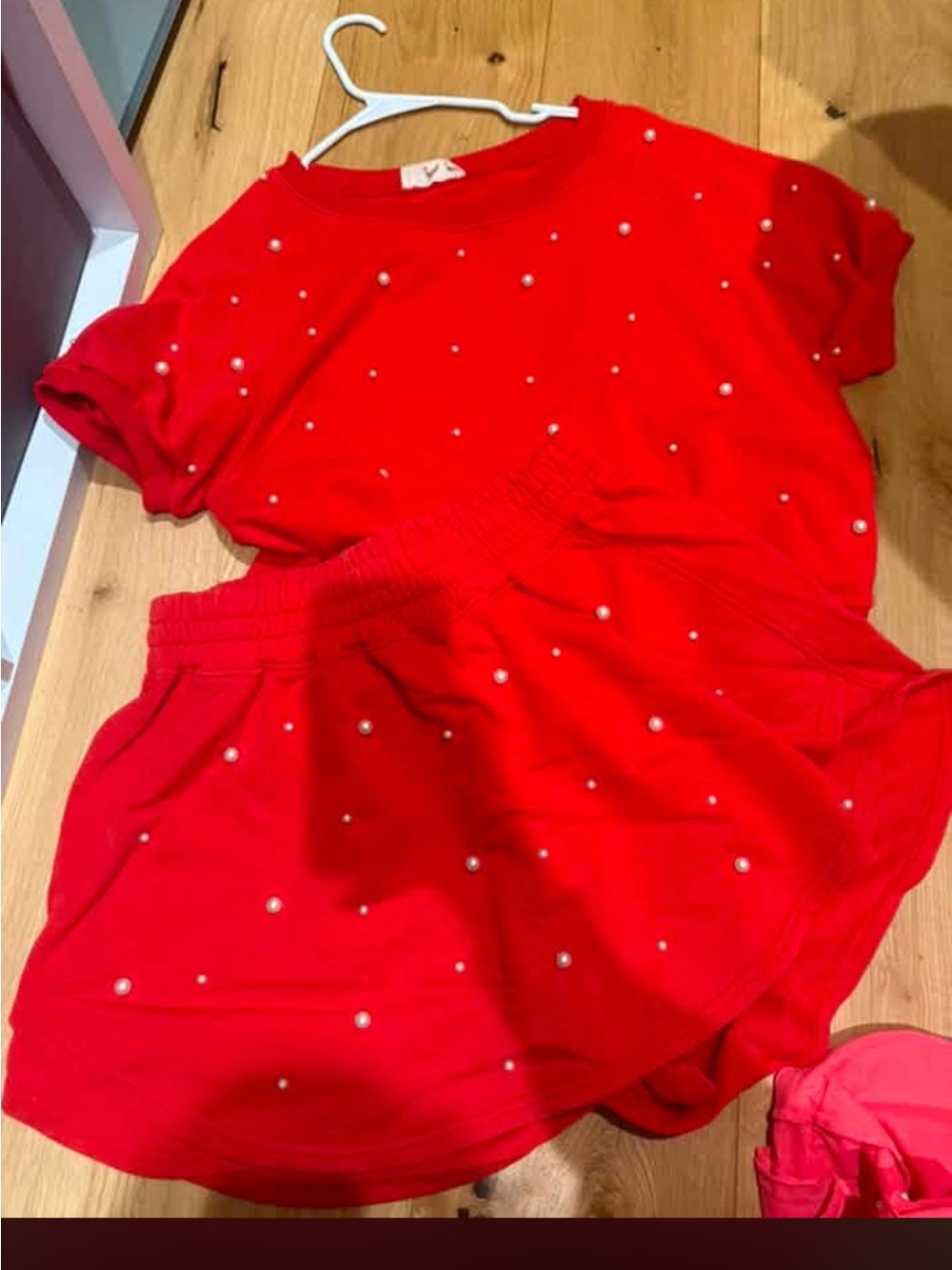 Peach Love California Red Pearl-Embellished Tee & Shorts Set